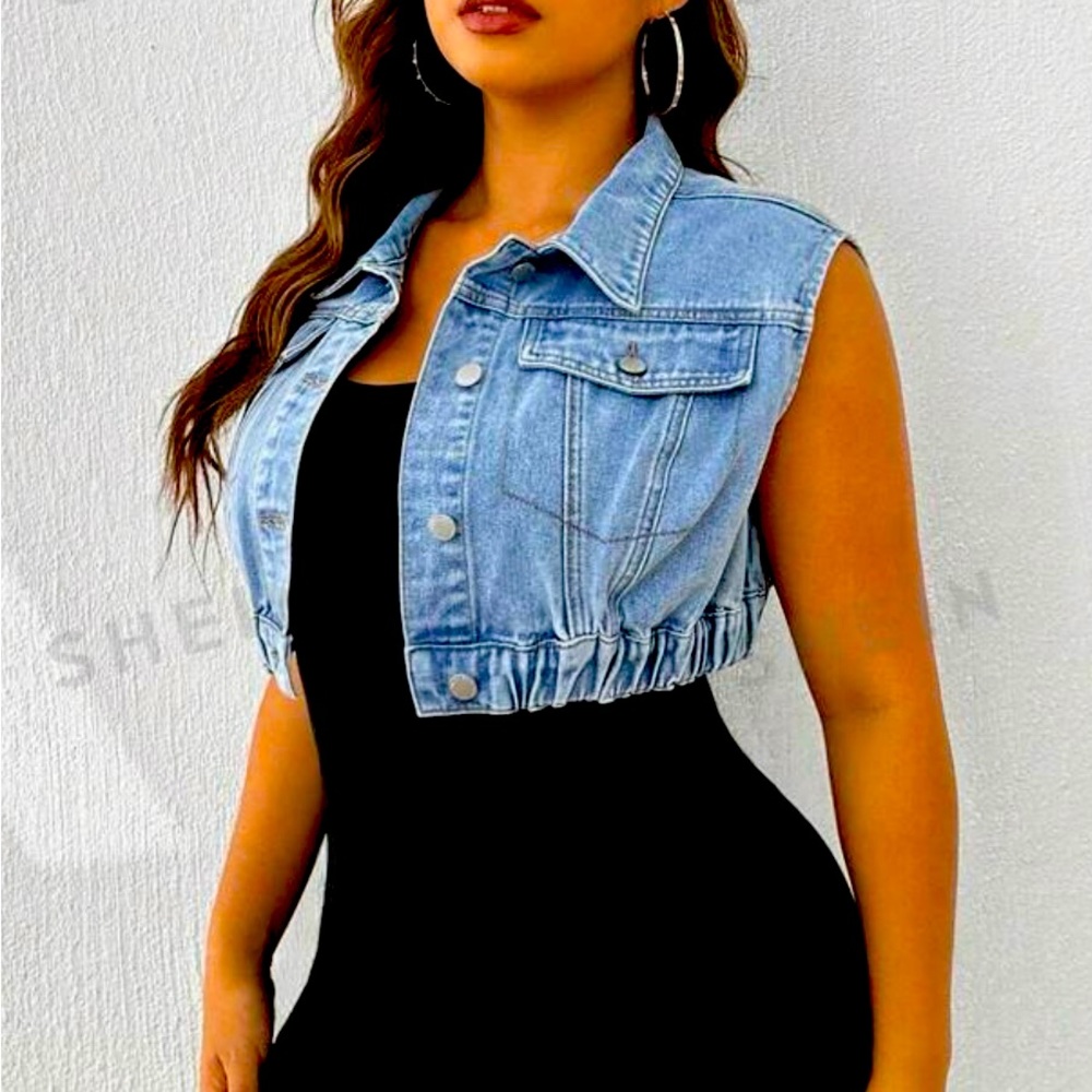 SHEIN Flap Button Front Pocket Crop Vest Denim Jacket